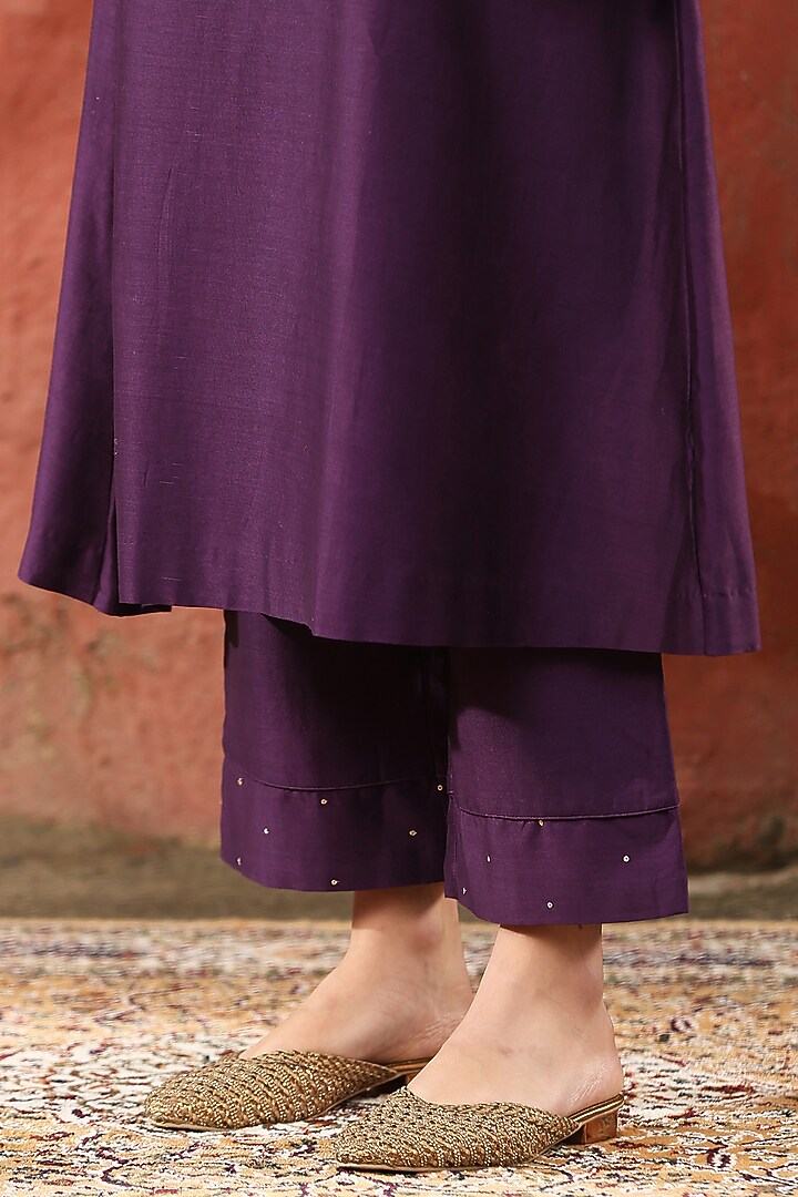 Deep Purple Pure Chanderi Silk Paisley Embellished A-Line Kurta Set by Weaverstory at Pernia's Pop Up Shop