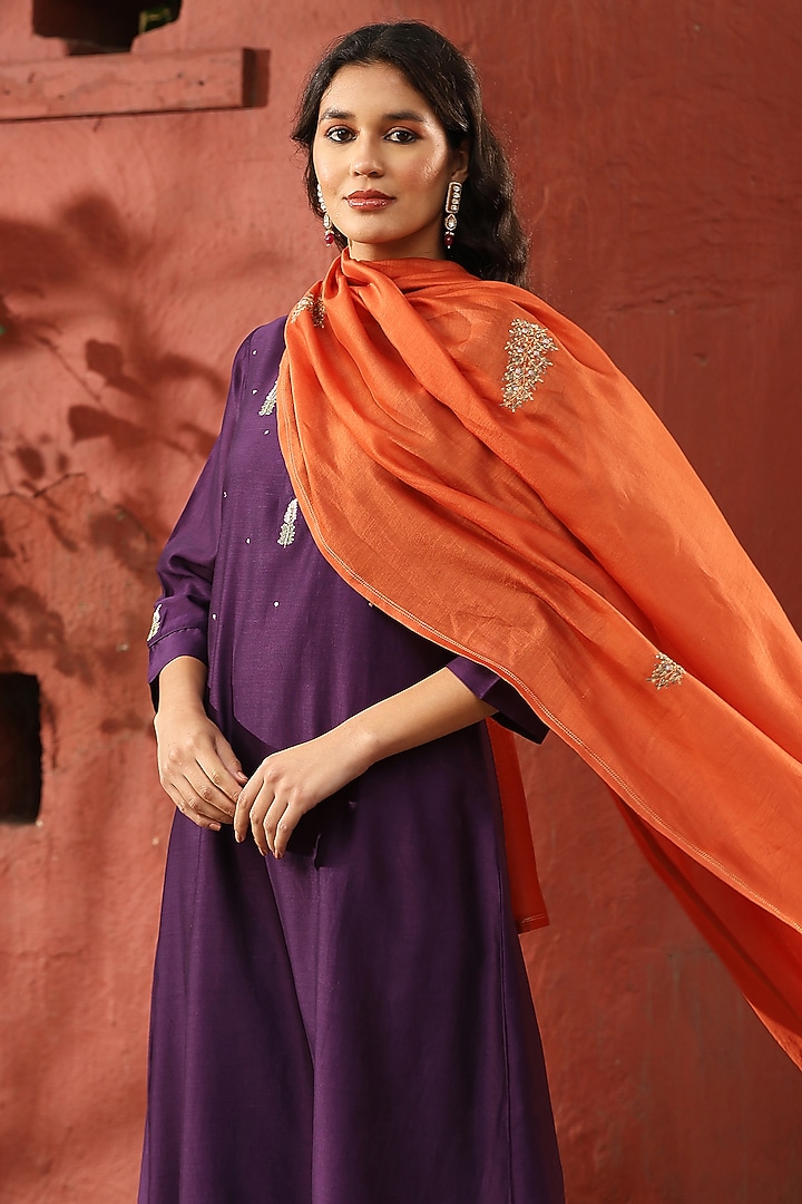 Deep Purple Pure Chanderi Silk Paisley Embellished A-Line Kurta Set by Weaverstory at Pernia's Pop Up Shop