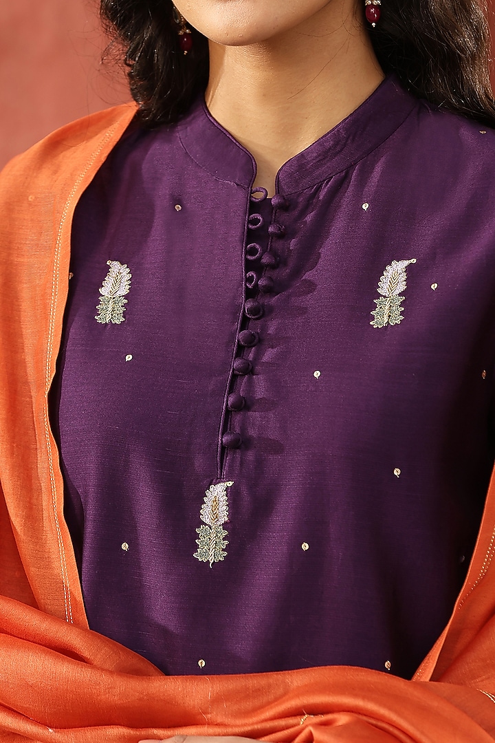 Deep Purple Pure Chanderi Silk Paisley Embellished A-Line Kurta Set by Weaverstory at Pernia's Pop Up Shop