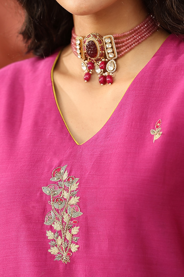 Rani Pink Pure Chanderi Motif Embroidered Kurta Set by Weaverstory at Pernia's Pop Up Shop