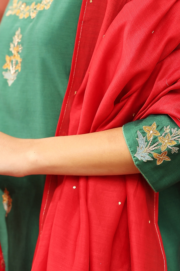Sage Green Pure Chanderi Silk Motif Embroidered Kurta Set by Weaverstory at Pernia's Pop Up Shop