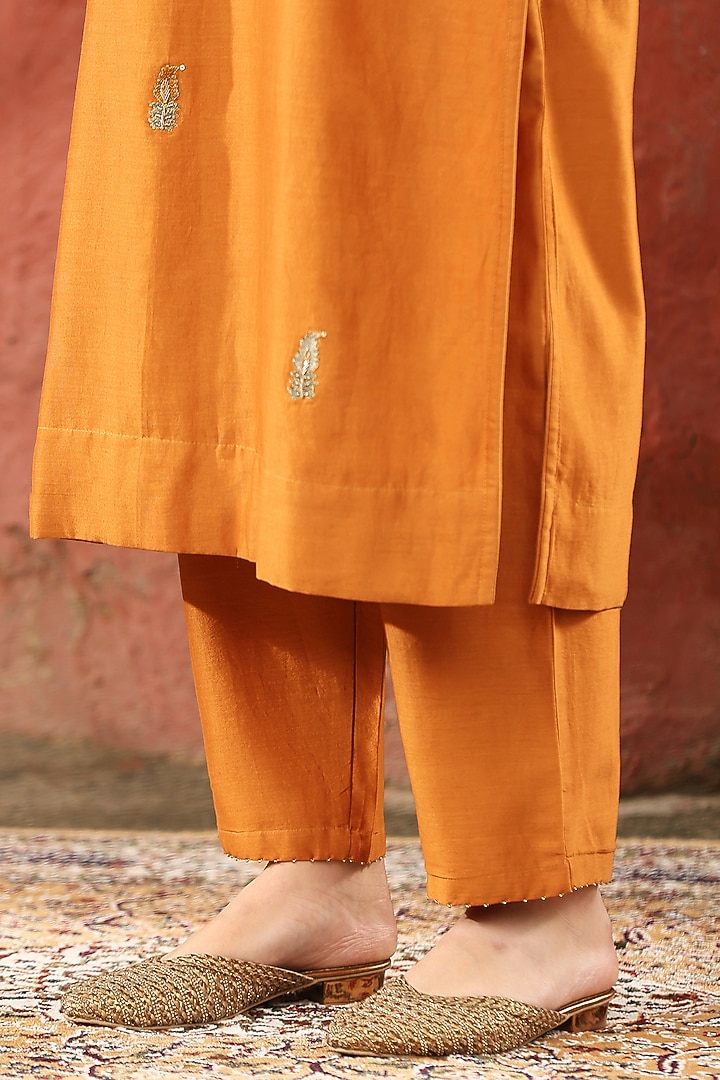 Burnt Orange Pure Chanderi Silk Boota Embellished Kurta Set by Weaverstory at Pernia's Pop Up Shop