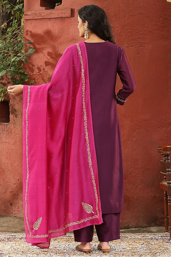 Deep Purple Pure Chanderi Silk Motif Embroidered Kurta Set by Weaverstory at Pernia's Pop Up Shop
