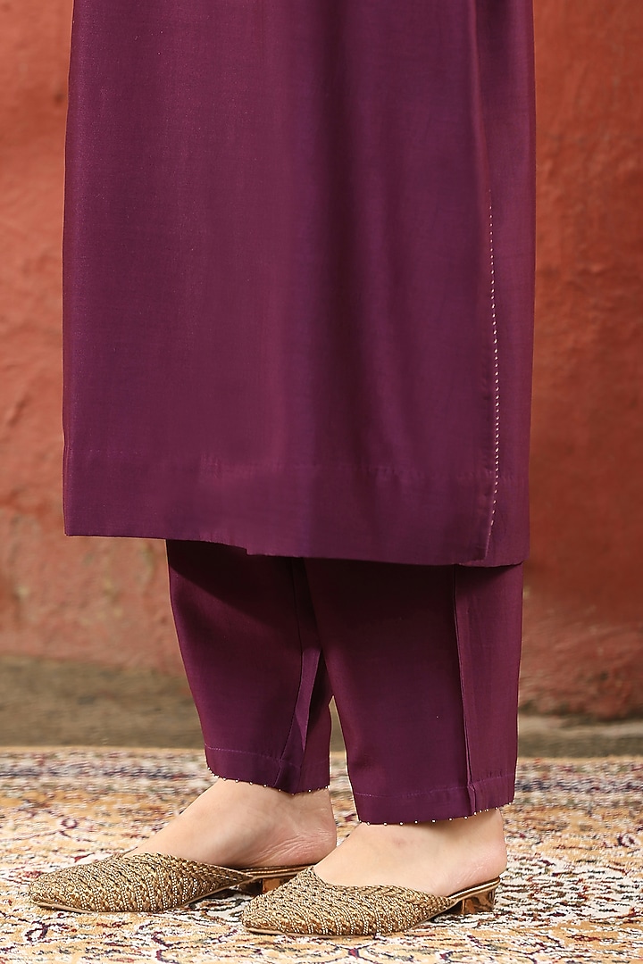 Deep Purple Pure Chanderi Silk Motif Embroidered Kurta Set by Weaverstory at Pernia's Pop Up Shop