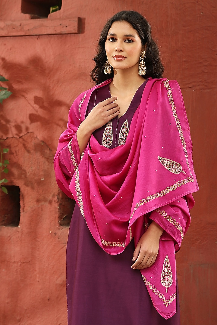 Deep Purple Pure Chanderi Silk Motif Embroidered Kurta Set by Weaverstory at Pernia's Pop Up Shop