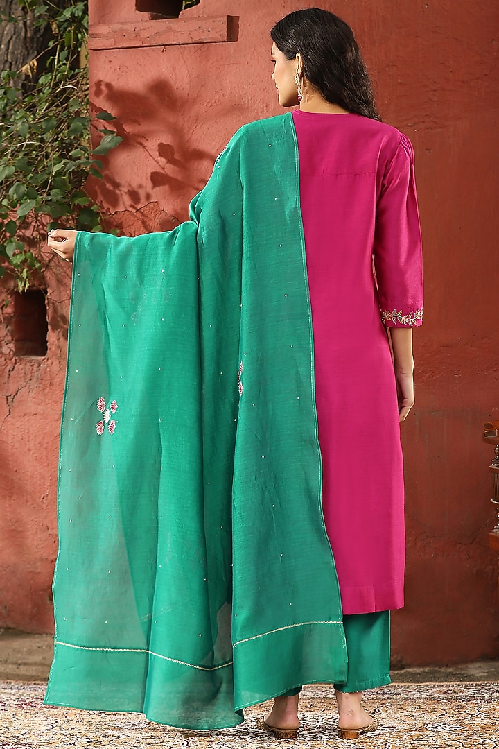 Pink Pure Chanderi Silk Zardosi Embroidered Kurta Set by Weaverstory at Pernia's Pop Up Shop