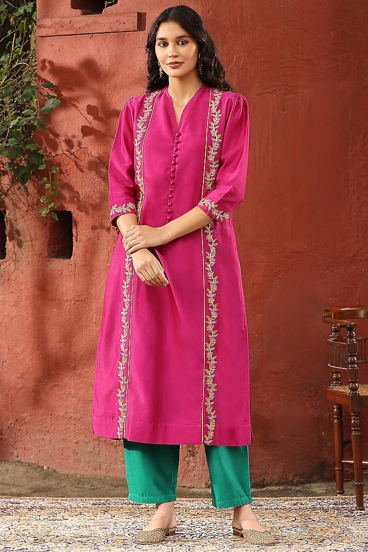 Pink Pure Chanderi Silk Zardosi Embroidered Kurta Set by Weaverstory at Pernia's Pop Up Shop