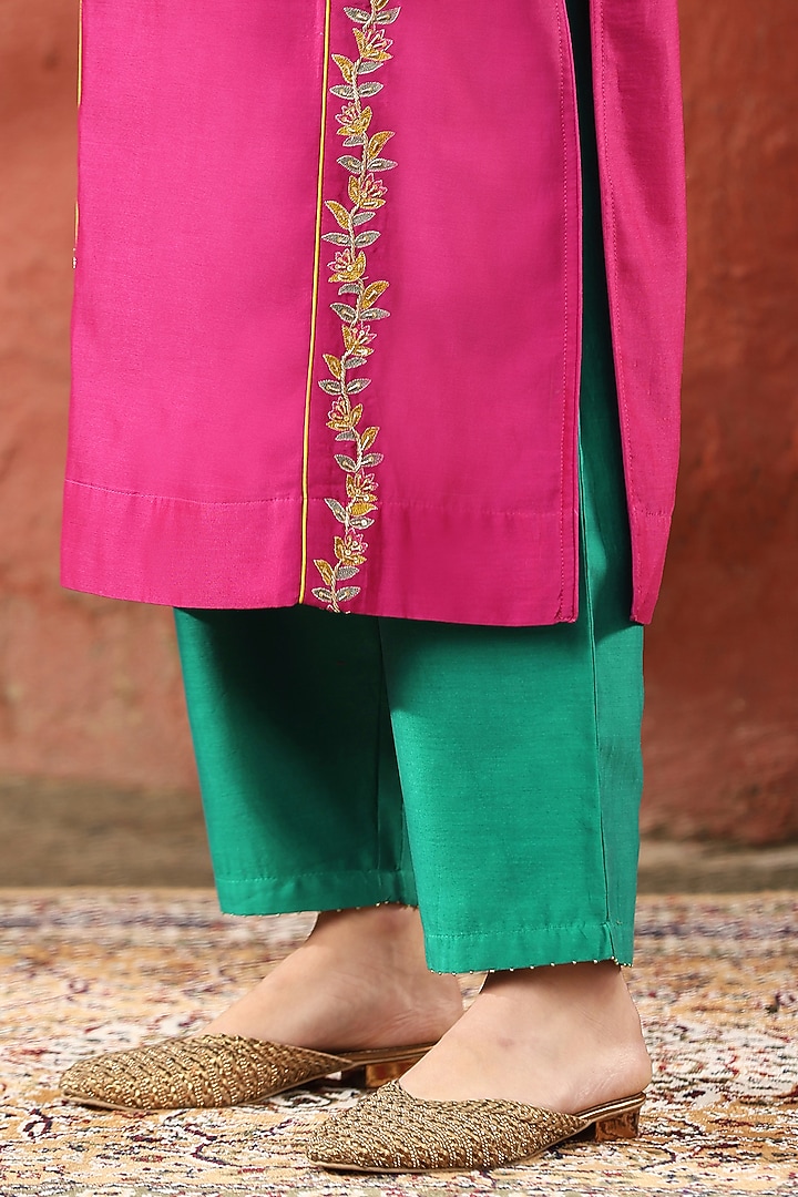 Pink Pure Chanderi Silk Zardosi Embroidered Kurta Set by Weaverstory at Pernia's Pop Up Shop