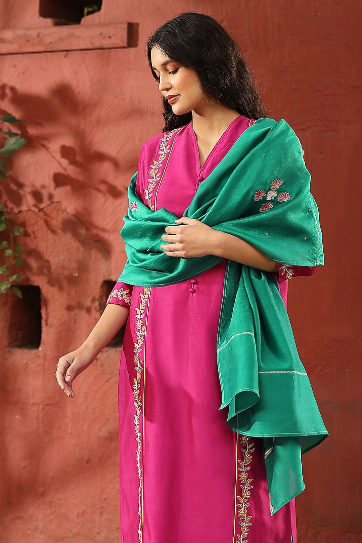 Pink Pure Chanderi Silk Zardosi Embroidered Kurta Set by Weaverstory at Pernia's Pop Up Shop