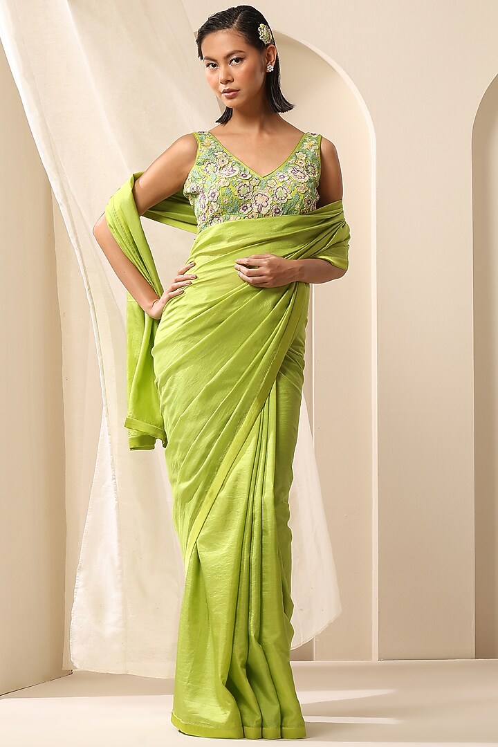 Lime Green Pure Silk Festive Saree by Weaverstory at Pernia's Pop Up Shop