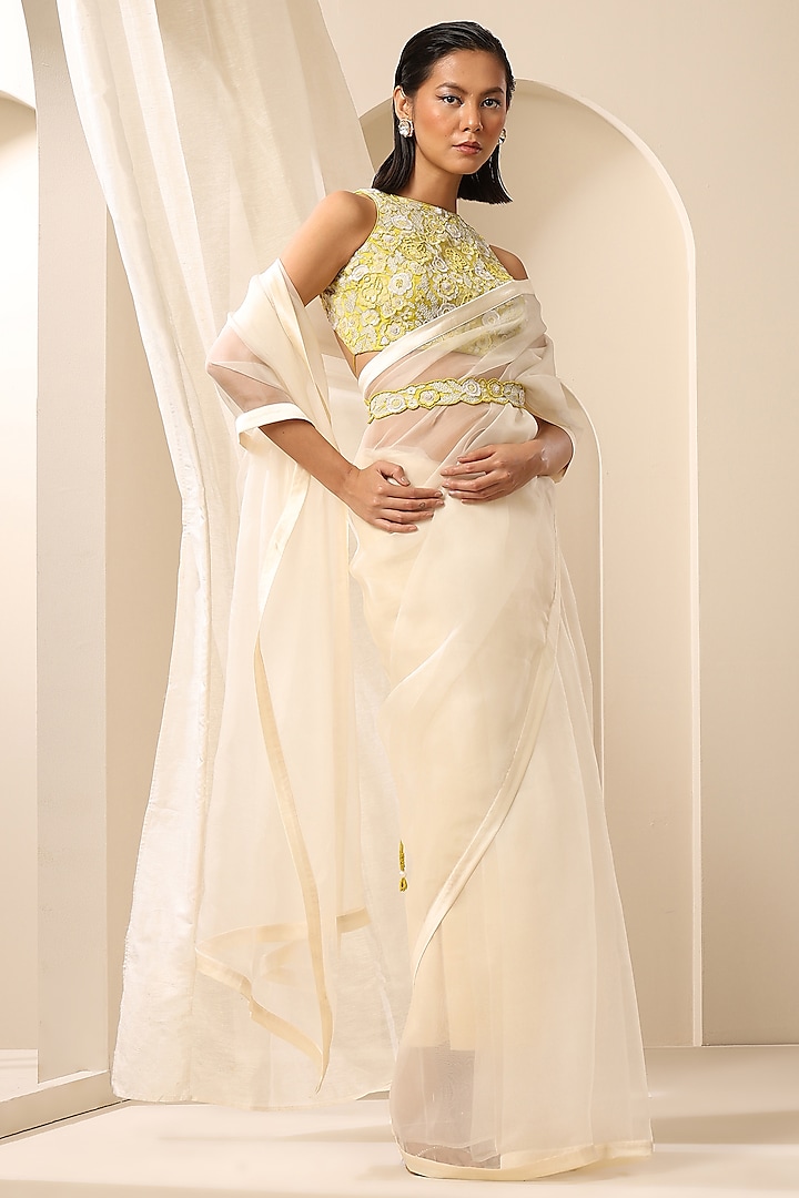 Off-White Pure Organza Handcrafted Saree by Weaverstory
