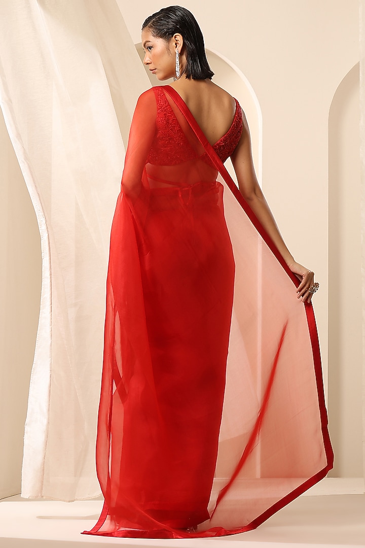 Crimson Red Pure Organza Party Wear Saree by Weaverstory at Pernia's Pop Up Shop