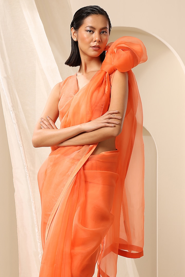 Peach Fuzz Pure Organza Handcrafted Party Wear Saree by Weaverstory at Pernia's Pop Up Shop