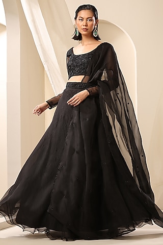 Black Pure Organza Lehenga Set by Weaverstory