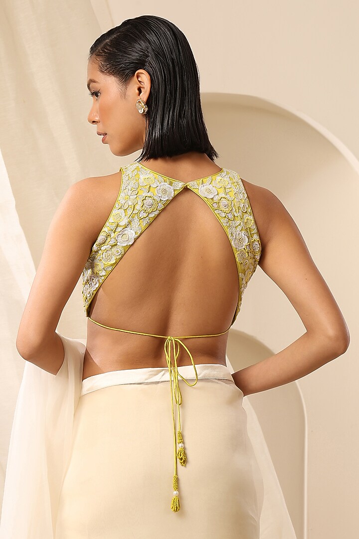 Yellow Net Beads Hand Embroidered Blouse by Weaverstory at Pernia's Pop Up Shop