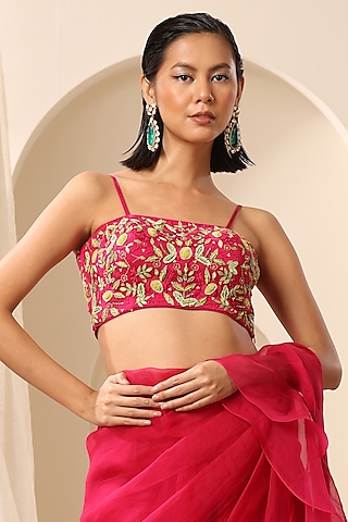 Magenta Net Beads Hand Embroidered Cami Blouse by Weaverstory