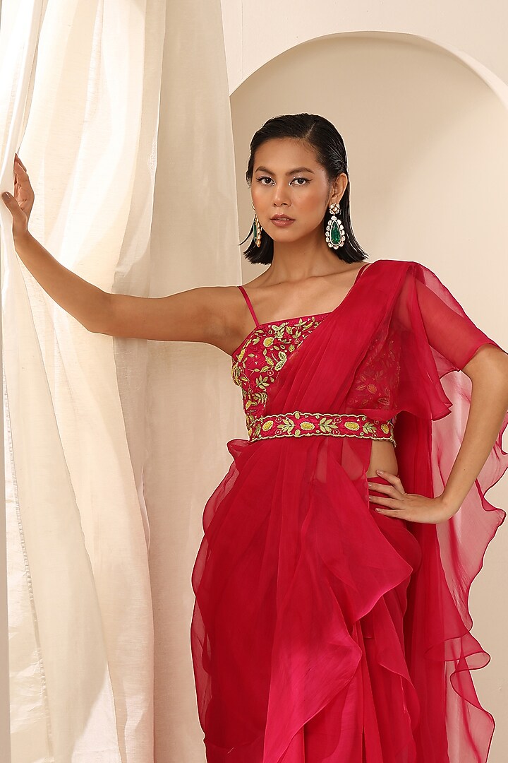 Magenta Net Beads Hand Embroidered Cami Blouse by Weaverstory at Pernia's Pop Up Shop