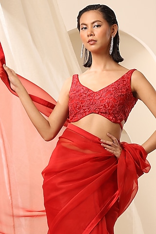 Red Net Tonal Beads Hand Embroidered Blouse by Weaverstory
