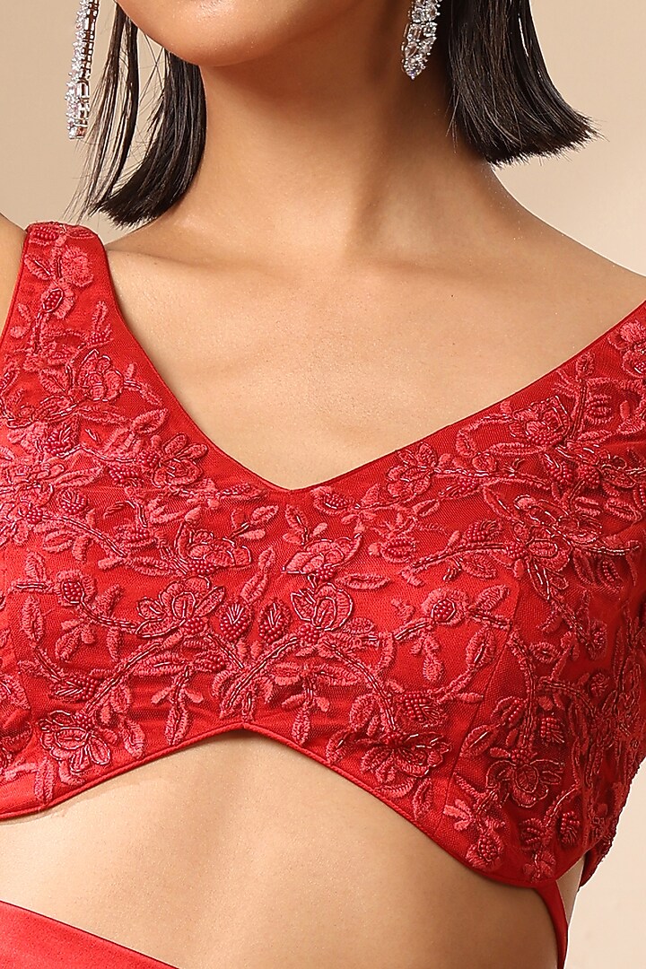 Red Net Tonal Beads Hand Embroidered Blouse by Weaverstory at Pernia's Pop Up Shop