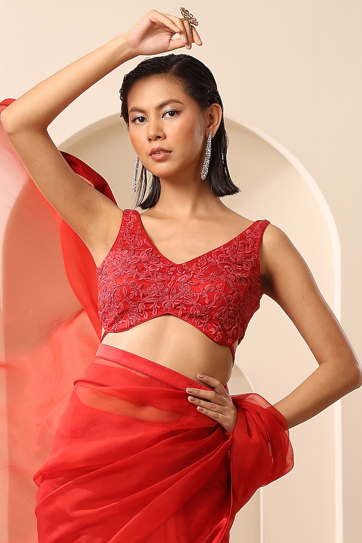 Red Net Tonal Beads Hand Embroidered Blouse by Weaverstory at Pernia's Pop Up Shop