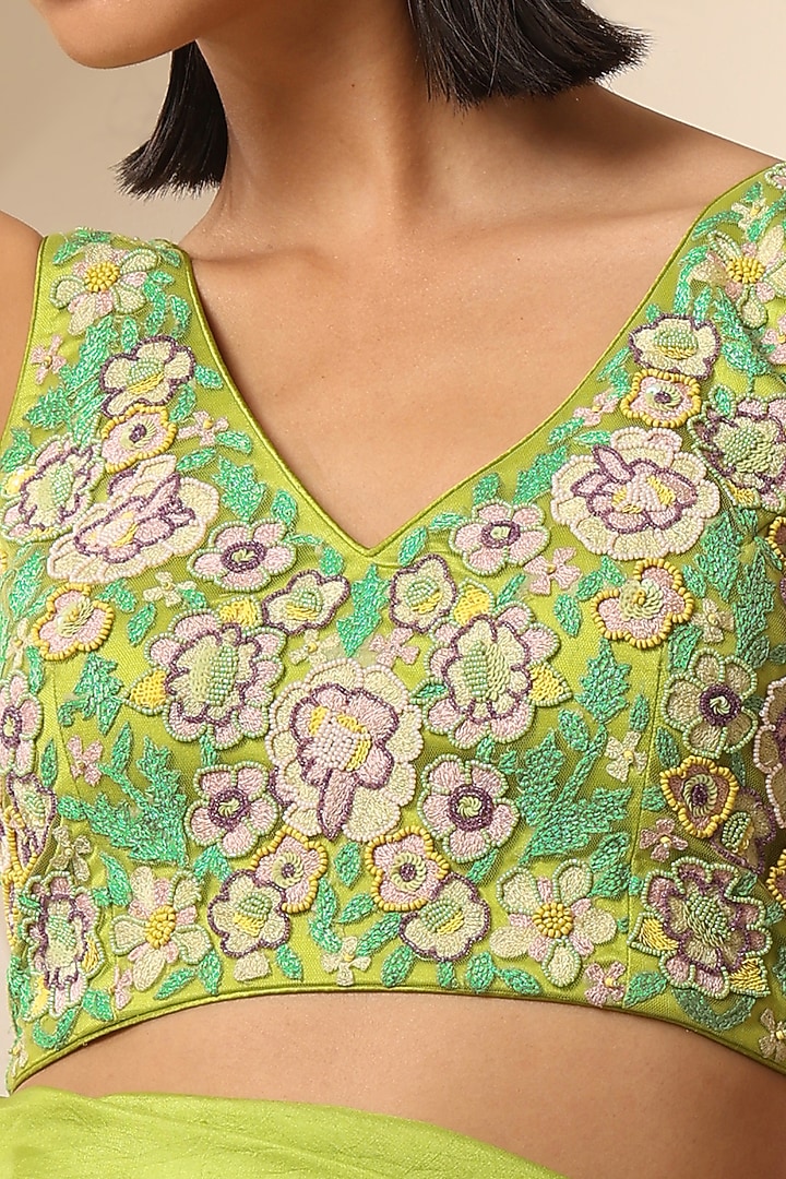 Lime Green Net Beads Hand Embroidered Blouse by Weaverstory at Pernia's Pop Up Shop