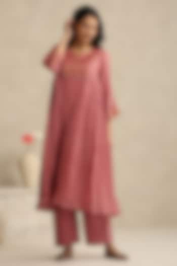 Old Rose Pink Handloom Mul Chanderi & Striped Tissue Kurta Set by Weaverstory at Pernia's Pop Up Shop