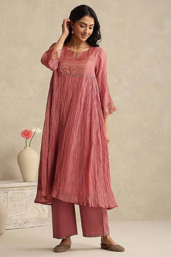 Old Rose Pink Handloom Mul Chanderi & Striped Tissue Kurta Set by Weaverstory at Pernia's Pop Up Shop