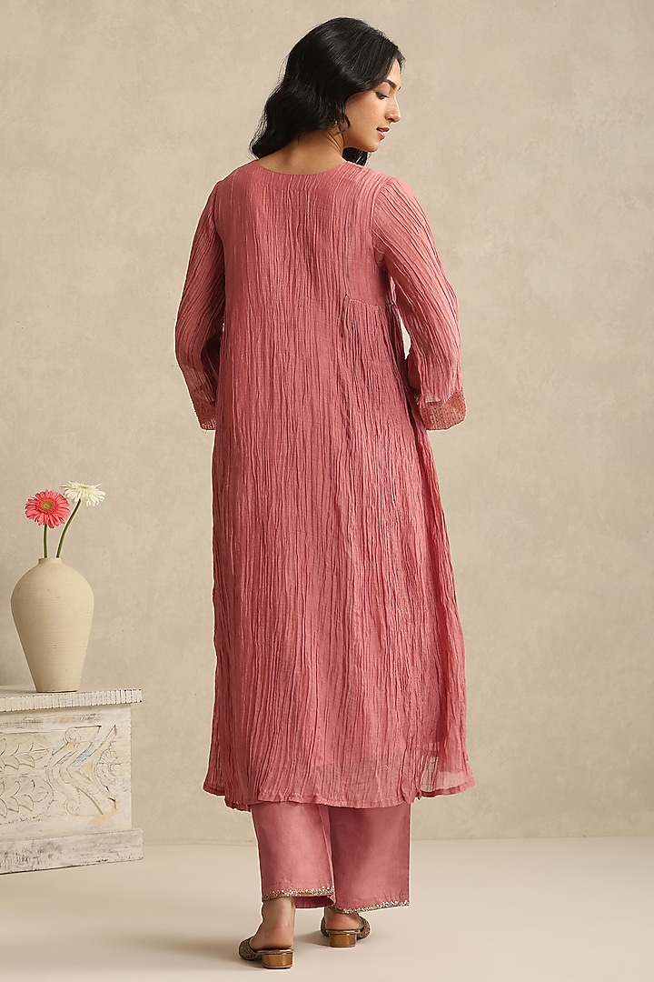 Old Rose Pink Handloom Mul Chanderi & Striped Tissue Kurta Set by Weaverstory at Pernia's Pop Up Shop