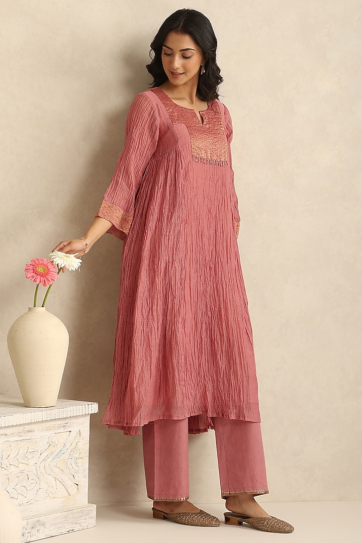 Old Rose Pink Handloom Mul Chanderi & Striped Tissue Kurta Set by Weaverstory at Pernia's Pop Up Shop