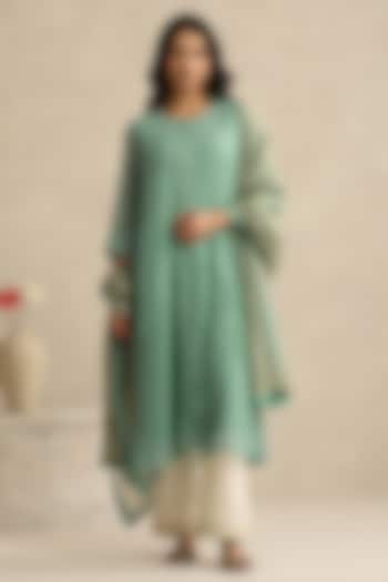 Light Blue Handloom Mul Chanderi Kurta Set by Weaverstory at Pernia's Pop Up Shop