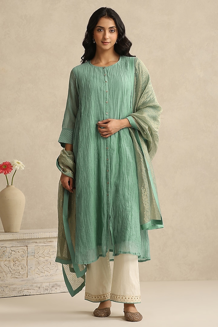 Light Blue Handloom Mul Chanderi Kurta Set by Weaverstory at Pernia's Pop Up Shop