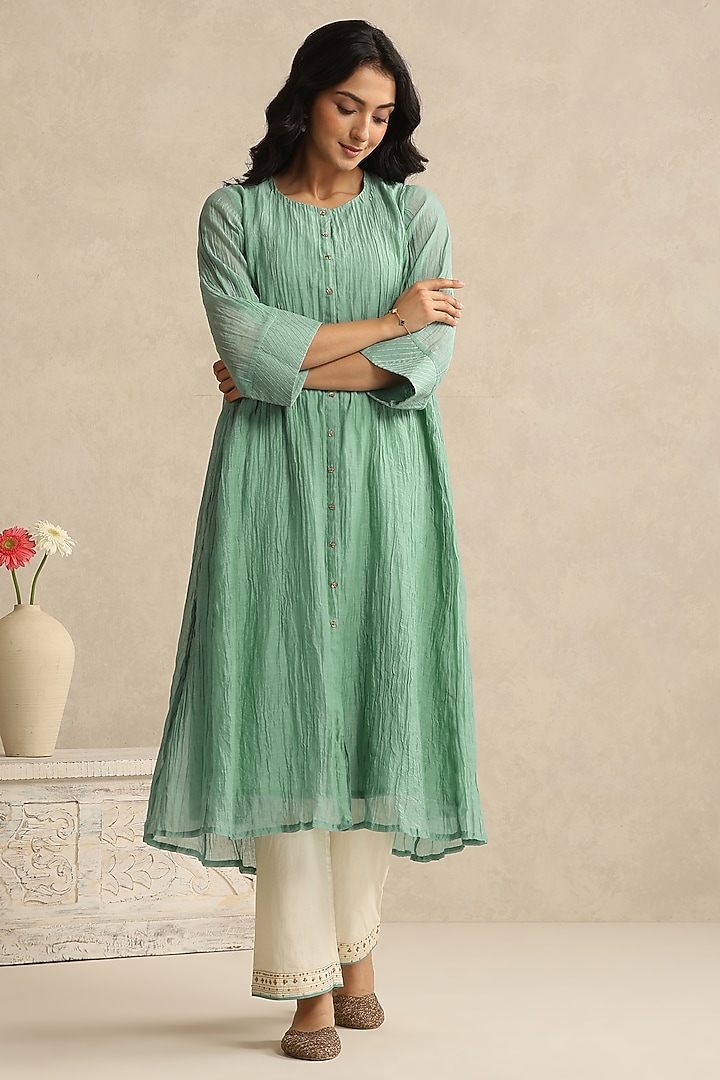 Light Blue Handloom Mul Chanderi Kurta Set by Weaverstory at Pernia's Pop Up Shop