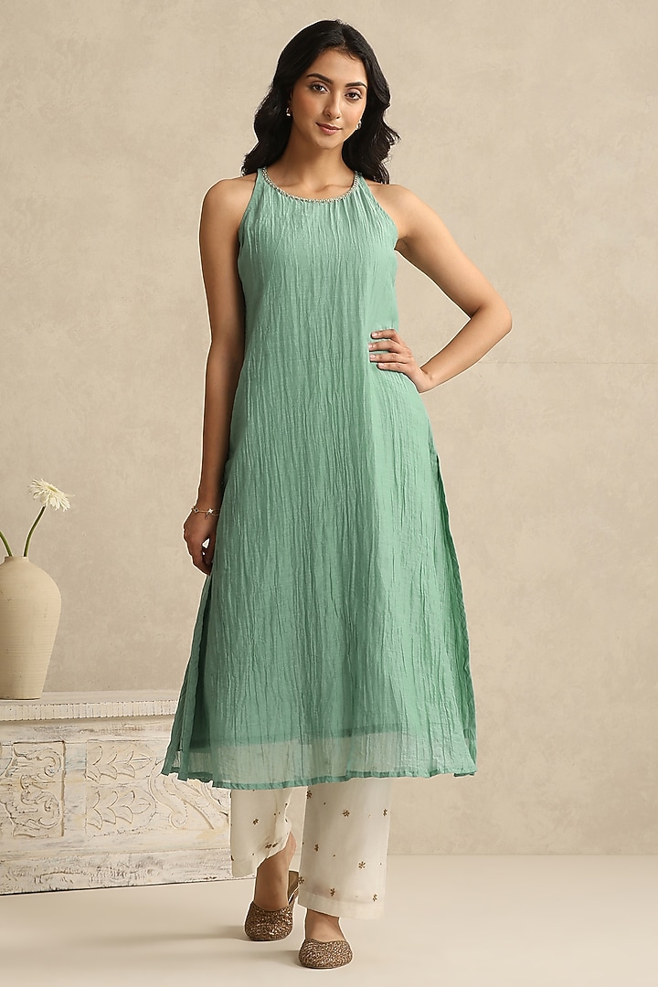 Light Blue Handloom Mul Chanderi Kurta Set by Weaverstory at Pernia's Pop Up Shop
