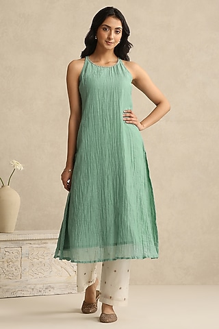 Light Blue Handloom Mul Chanderi Kurta Set by Weaverstory