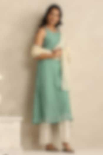 Light Blue Handloom Mul Chanderi Kurta Set by Weaverstory at Pernia's Pop Up Shop
