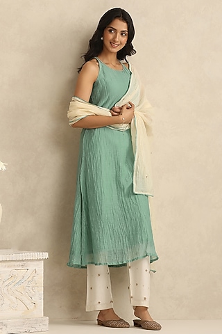 Light Blue Handloom Mul Chanderi Kurta Set by Weaverstory