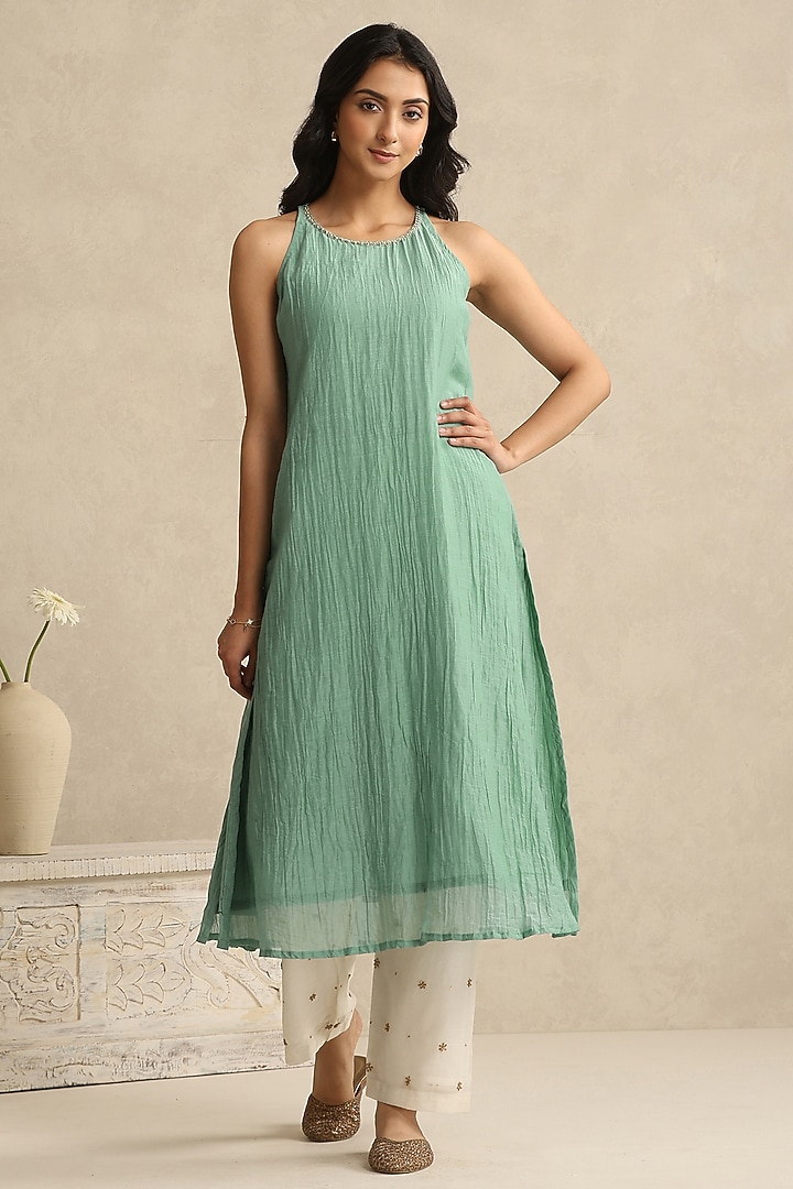 Light Blue Handloom Mul Chanderi Kurta Set by Weaverstory at Pernia's Pop Up Shop