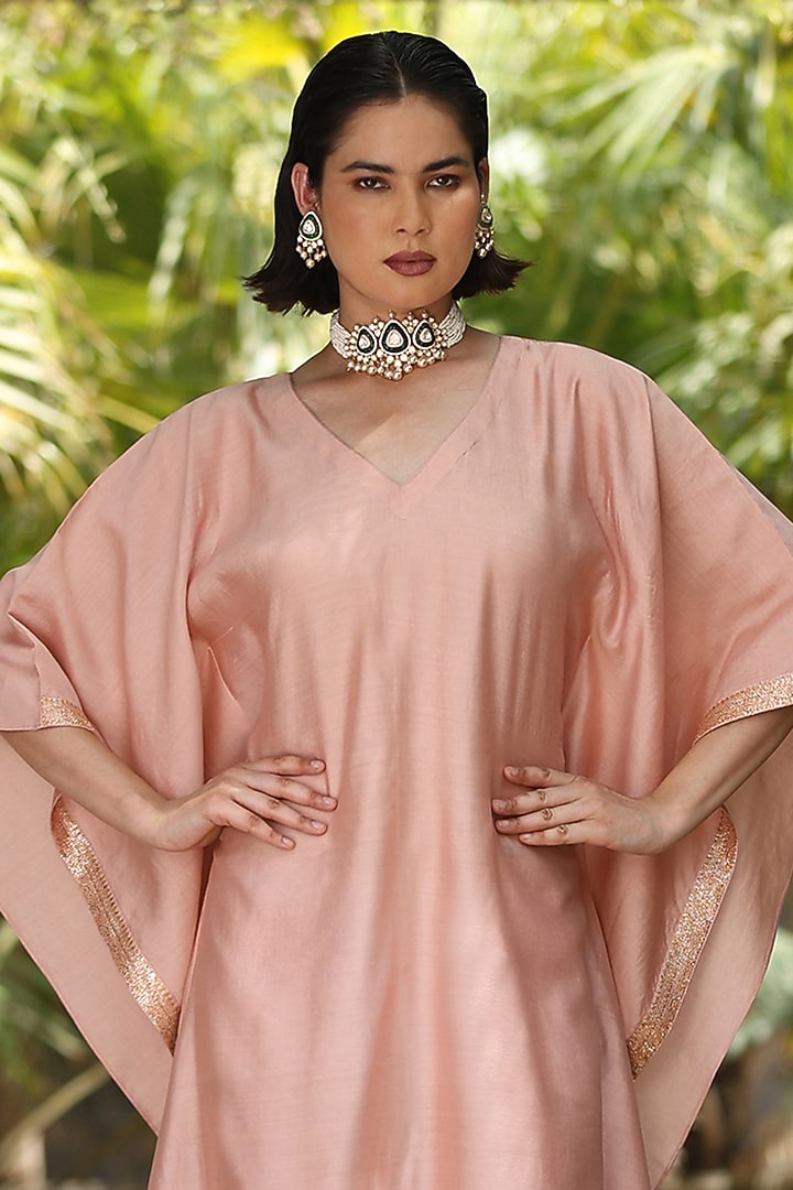 Blush Pink Handloom Pure Silk Kaftan by Weaverstory at Pernia's Pop Up Shop