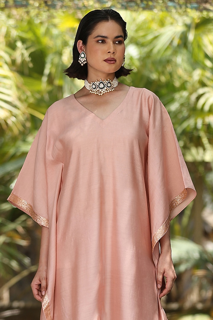 Blush Pink Handloom Pure Silk Kaftan by Weaverstory at Pernia's Pop Up Shop