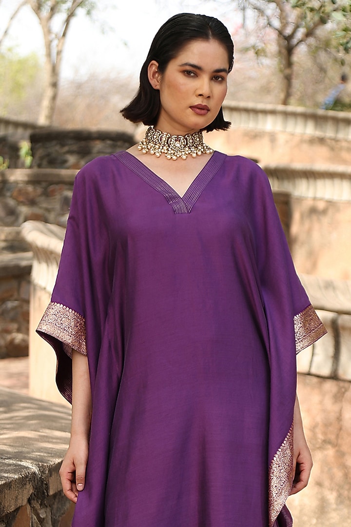 Aubergine Handloom Pure Silk Kaftan by Weaverstory at Pernia's Pop Up Shop