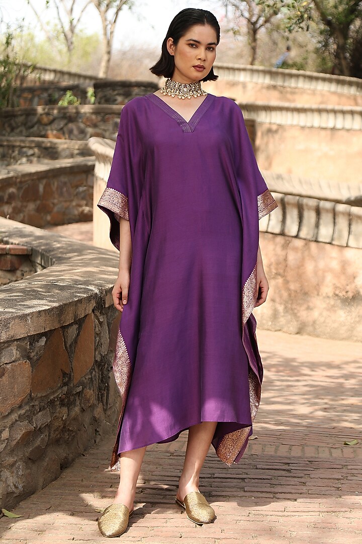 Aubergine Handloom Pure Silk Kaftan by Weaverstory at Pernia's Pop Up Shop