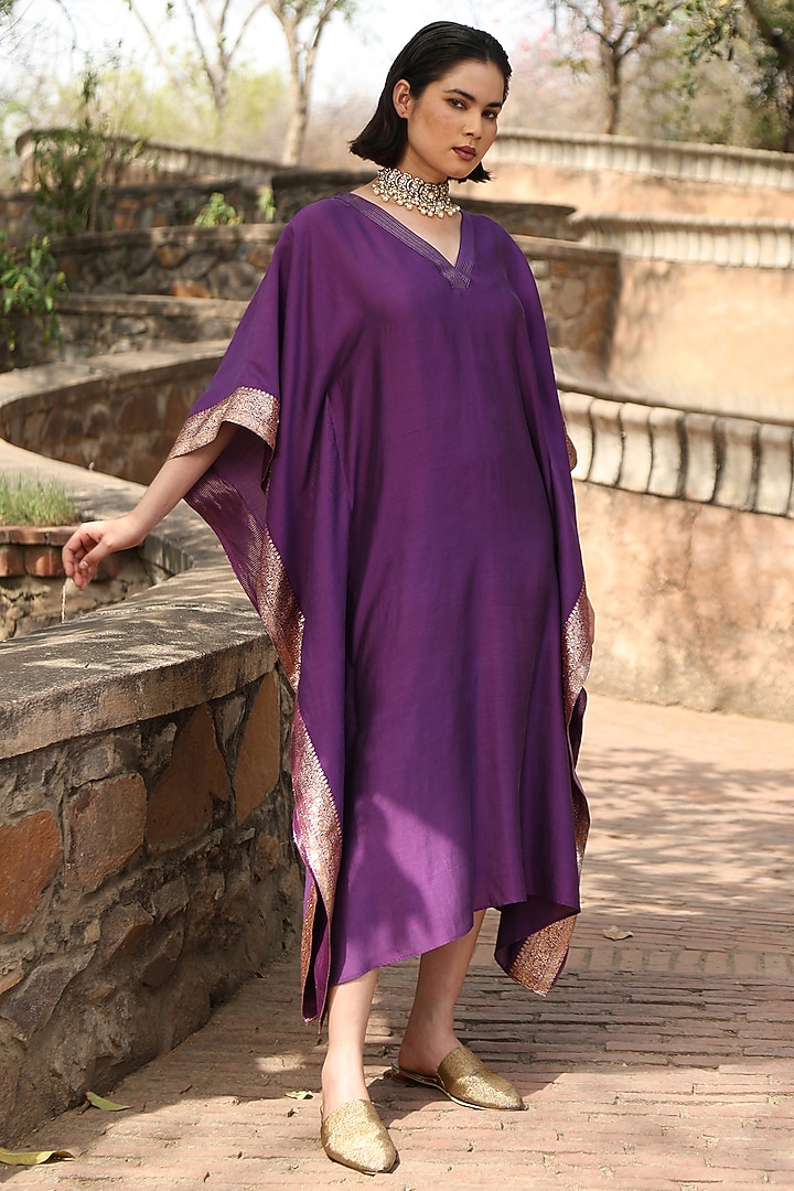 Aubergine Handloom Pure Silk Kaftan by Weaverstory at Pernia's Pop Up Shop