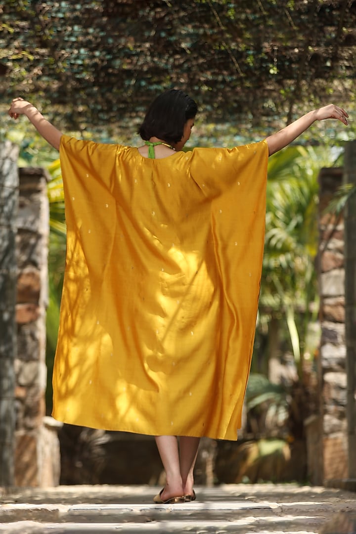 Marigold Yellow Handloom Pure Silk Kaftan by Weaverstory at Pernia's Pop Up Shop