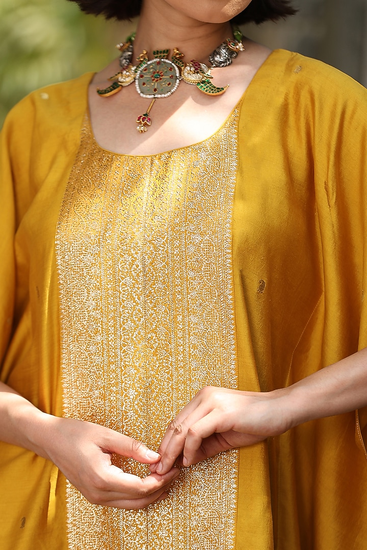 Marigold Yellow Handloom Pure Silk Kaftan by Weaverstory at Pernia's Pop Up Shop