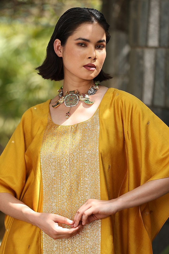 Marigold Yellow Handloom Pure Silk Kaftan by Weaverstory at Pernia's Pop Up Shop