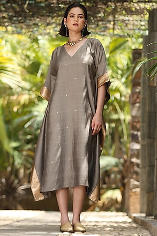 Olive Grey Handloom Pure Silk Kaftan by Weaverstory