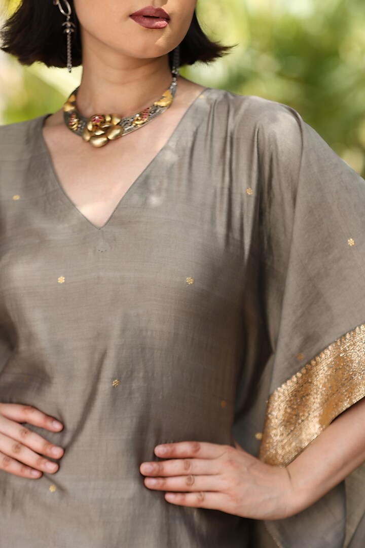 Olive Grey Handloom Pure Silk Kaftan by Weaverstory at Pernia's Pop Up Shop