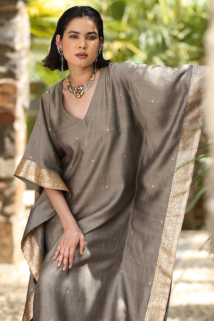 Olive Grey Handloom Pure Silk Kaftan by Weaverstory at Pernia's Pop Up Shop