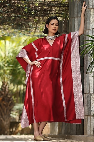Maroon Handloom Pure Silk Kaftan by Weaverstory