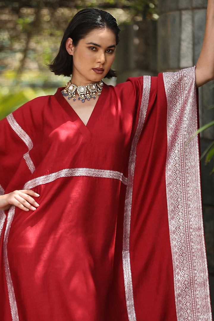 Maroon Handloom Pure Silk Kaftan by Weaverstory at Pernia's Pop Up Shop